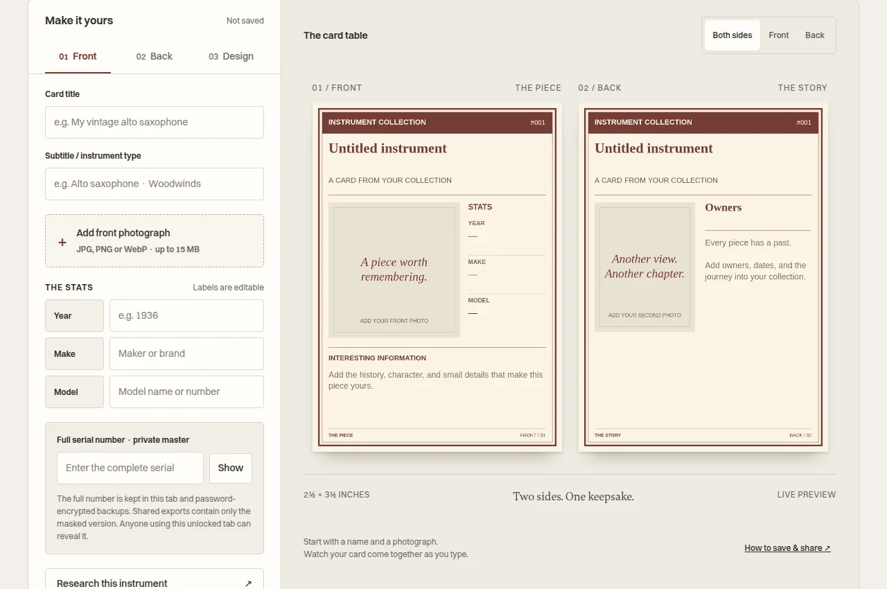 Collector’s Card Studio with two vintage-style instrument card faces and editing controls