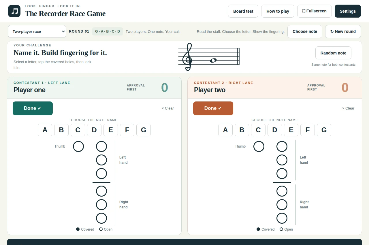 The Recorder Race Game showing a staff note and two players' note-letter and fingering controls
