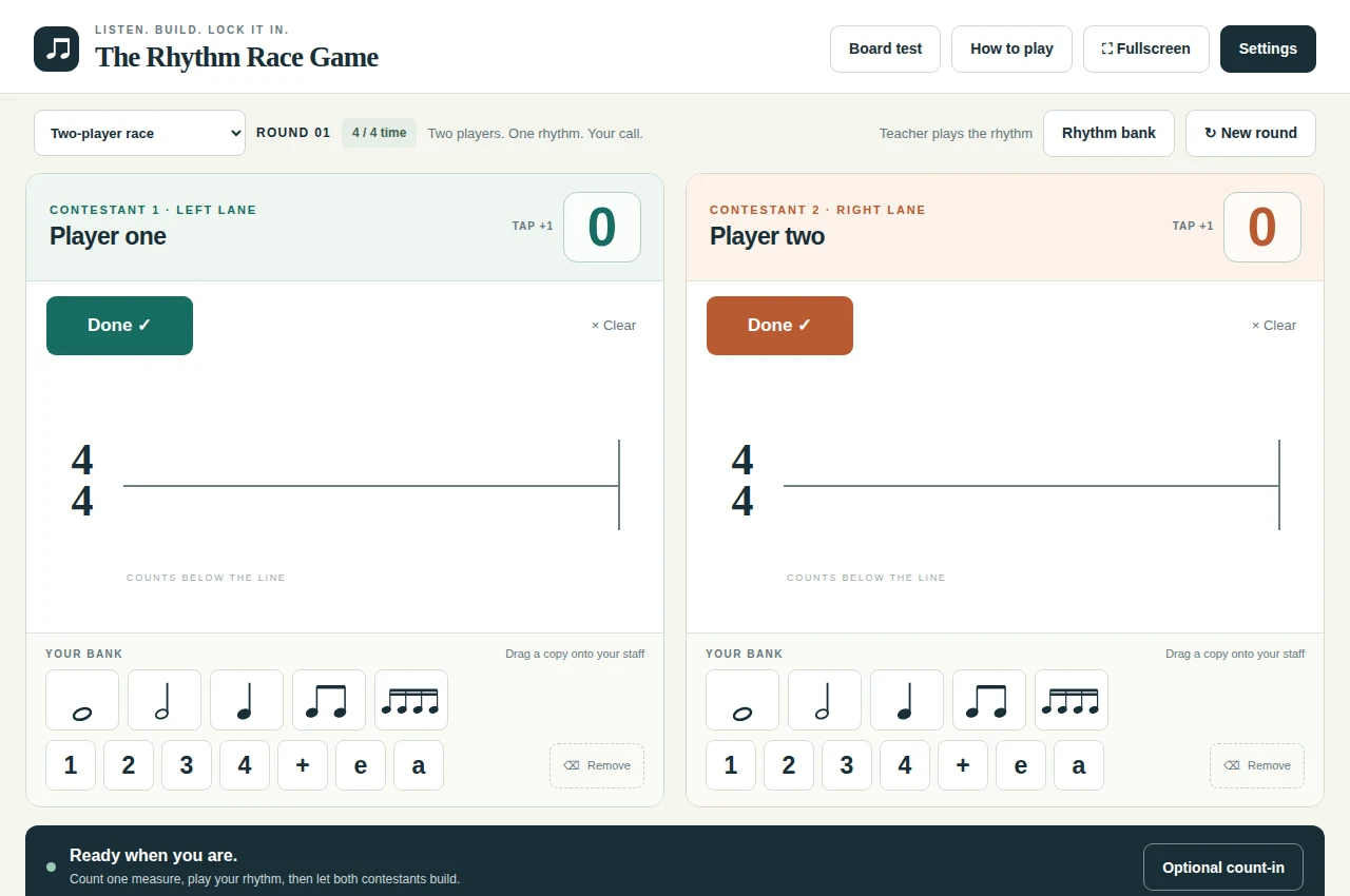 The Rhythm Race Game with side-by-side workspaces and draggable rhythm notes